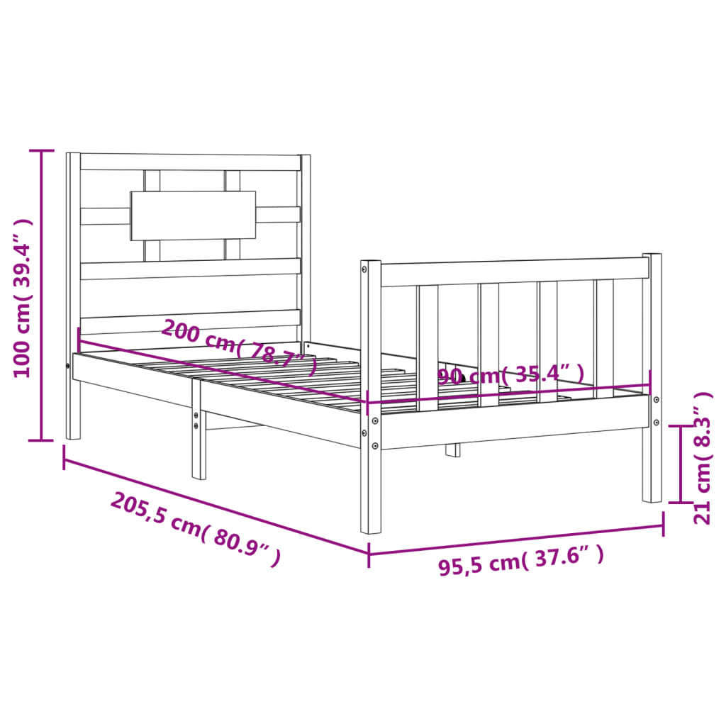 Rám postele s čelem černý 90 x 200 cm masivní dřevo