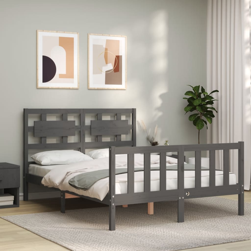 vidaXL Cadru de pat cu tăblie, gri, 140x200 cm, lemn masiv