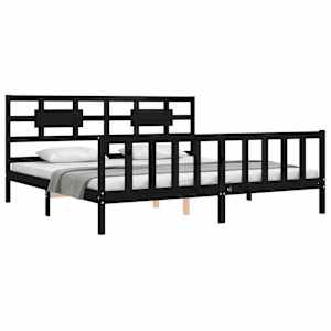 Rám postele s čelem černý 200 x 200 cm masivní dřevo - obrázek 3