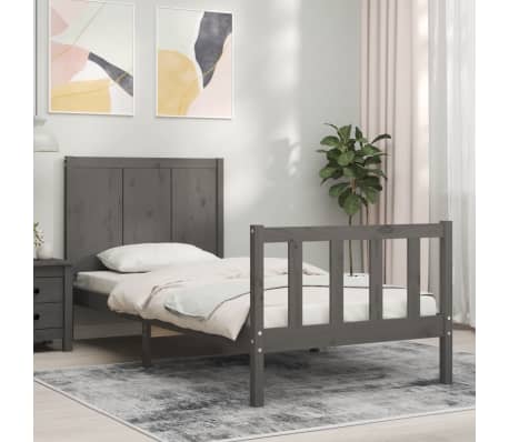 vidaXL Lovos rėmas su galvūgaliu, pilkas, medienos masyvas, vienvietis