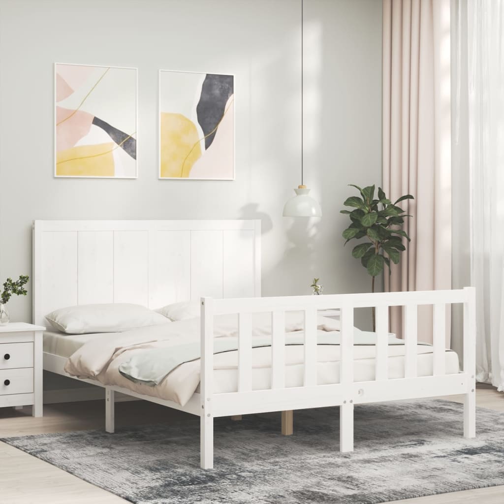 vidaXL Bed Frame with Headboard White Double Solid Wood