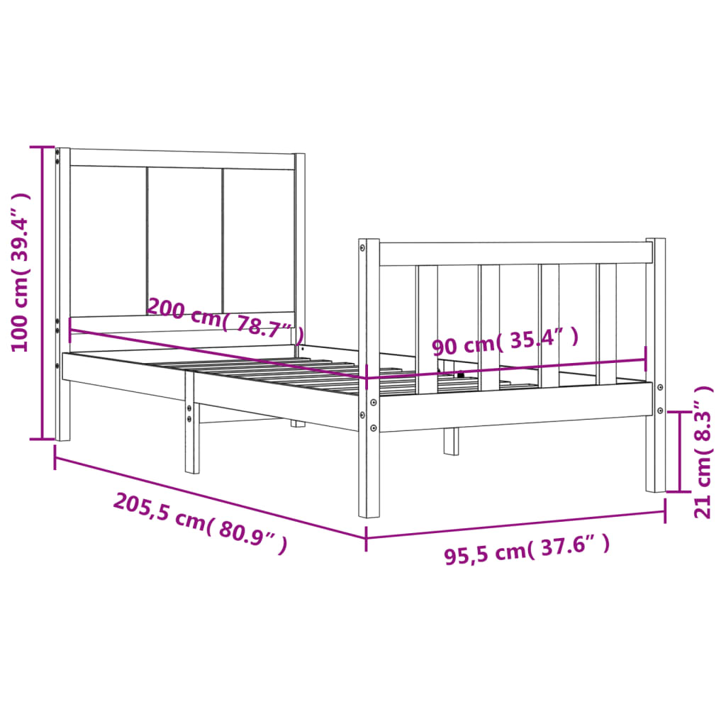 Okvir kreveta s uzglavljem 90 x 200 cm od masivnog drva