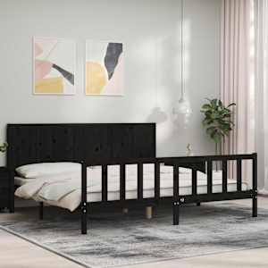 Rám postele s čelem černý 200 x 200 cm masivní dřevo - obrázek 4
