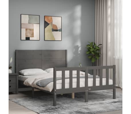 vidaXL Lovos rėmas su galvūgaliu, pilkas, mediena, mažas dvivietis