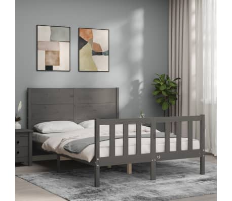 vidaXL Lovos rėmas su galvūgaliu, pilkas, 140x190cm, medienos masyvas
