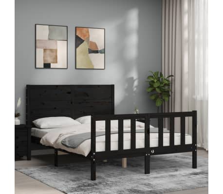 vidaXL Estrutura de cama com cabeceira 140x190 cm madeira maciça preto