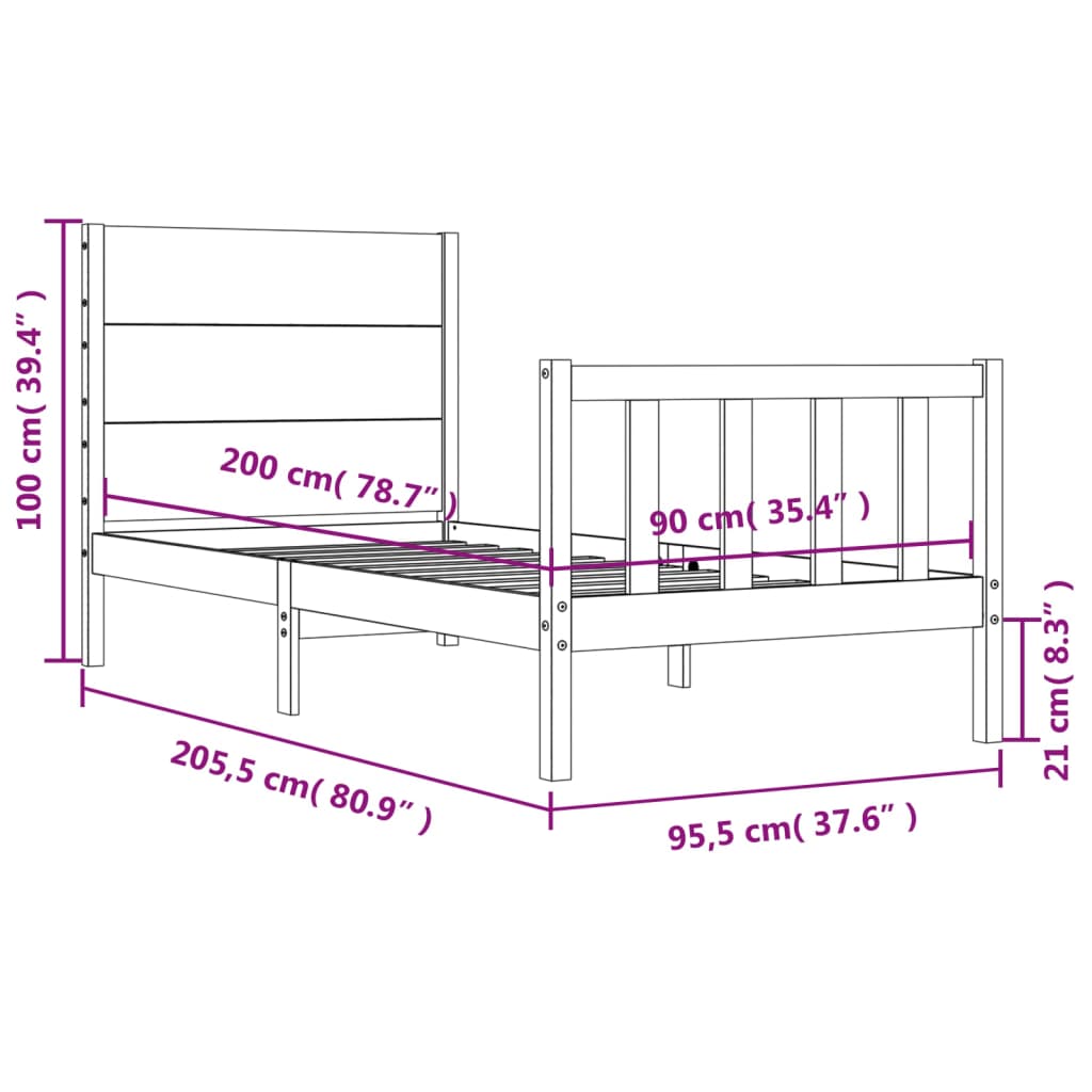 Okvir kreveta s uzglavljem crni 90 x 200 cm od masivnog drva