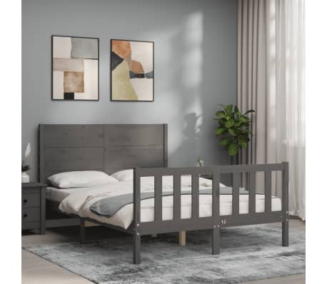 vidaXL Lovos rėmas su galvūgaliu, pilkas, 140x200cm, medienos masyvas
