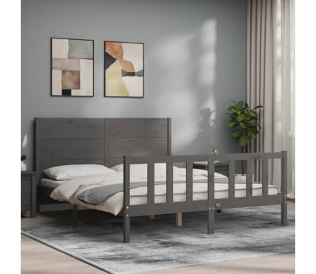 vidaXL Lovos rėmas su galvūgaliu, pilkas, medienos masyvas, didelis