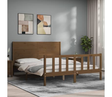 vidaXL Lovos rėmas su galvūgaliu, rudas, medienos masyvas, didelis