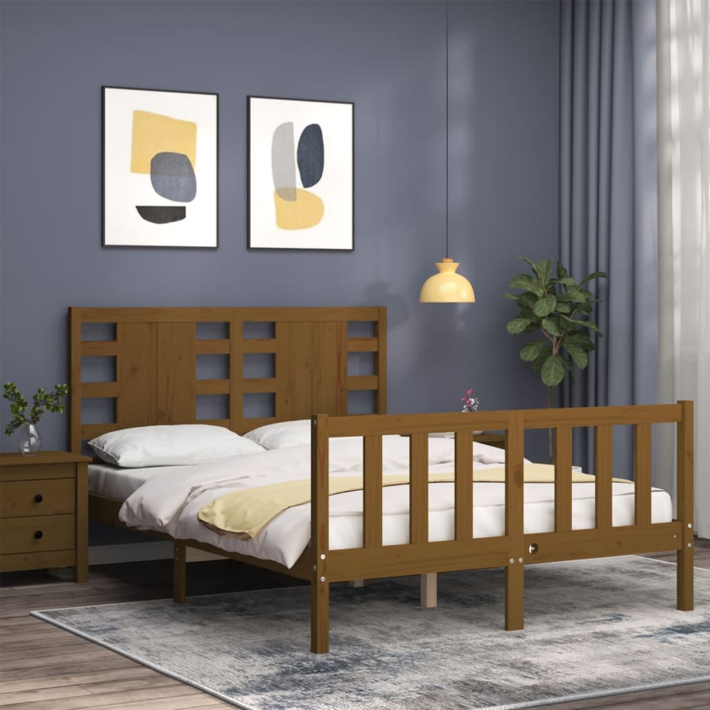 vidaXL Bed Frame with Headboard Honey Brown Small Double Solid Wood