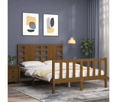 vidaXL Bed Frame with Headboard Honey Brown Small Double Solid Wood