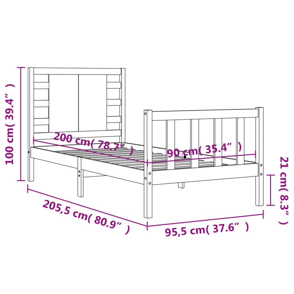 Okvir kreveta s uzglavljem 90 x 200 cm od masivnog drva