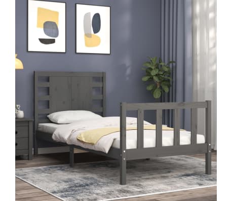 vidaXL Estructura de cama con cabecero madera maciza gris 90x200 cm