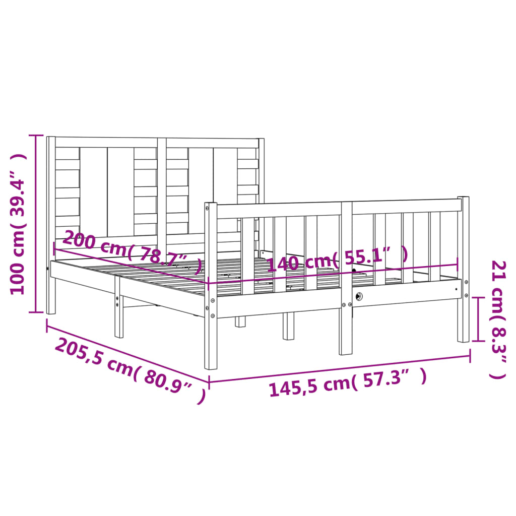 Posteljni okvir z vzglavjem črn 140x200 cm trden les