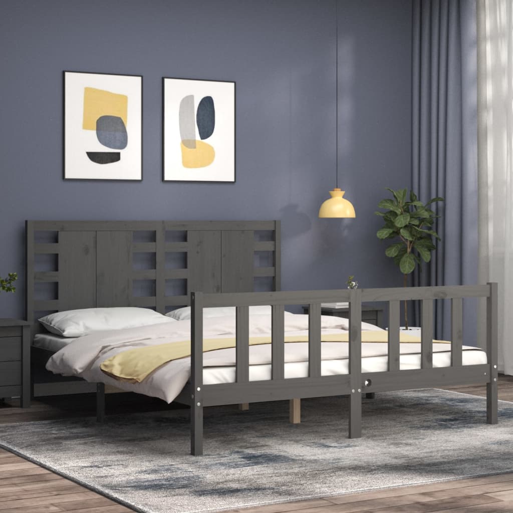 vidaXL Cadre de lit avec tête de lit gris 160x200 cm bois massif