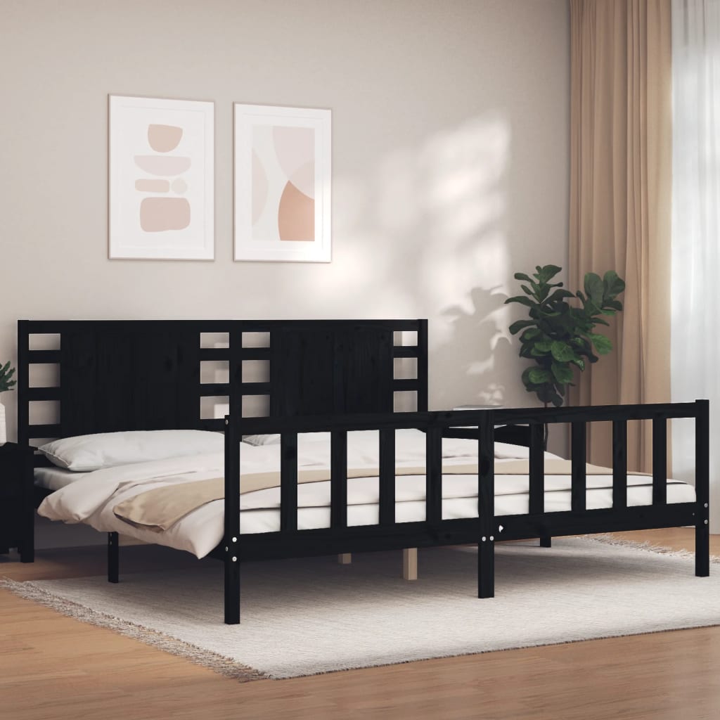 vida XL Massivholzbett mit Kopfteil Schwarz 6FT Super King