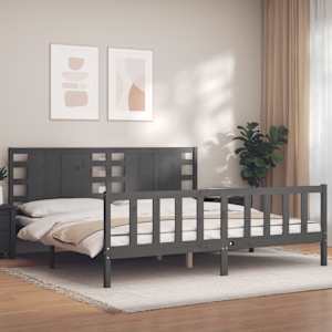 Rám postele s čelem šedý 200 x 200 cm masivní dřevo - obrázek 1