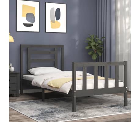 vidaXL Lovos rėmas su galvūgaliu, pilkas, medienos masyvas, vienvietis