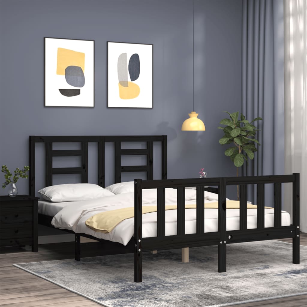Cadru de pat cu tăblie dublu mic, negru, lemn masiv