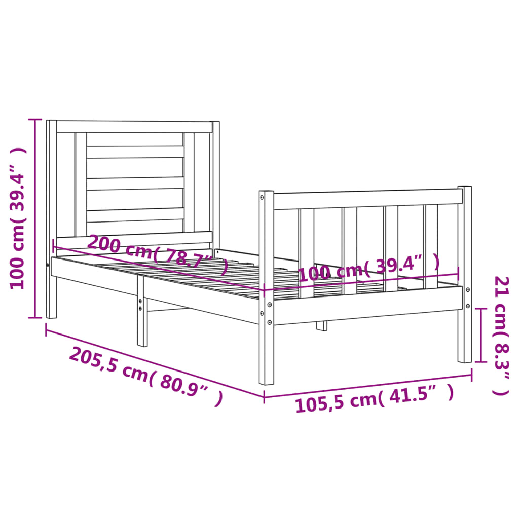 Okvir za krevet s uzglavljem crna 100x200 cm od masivnog drva