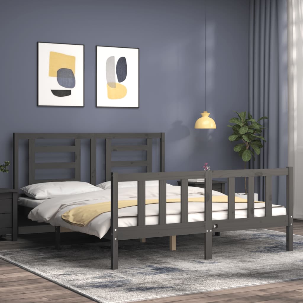 vidaXL Bedframe met hoofdbord massief hout grijs afbeelding