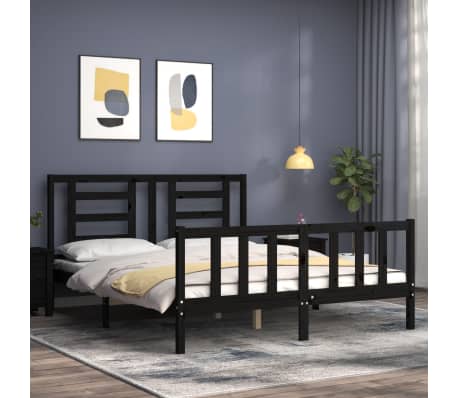 vidaXL Posteljni okvir z vzglavjem črn trden les