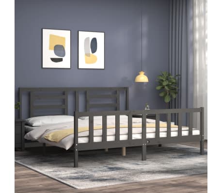 vidaXL Cadre de lit avec tête de lit gris Super King Size bois massif