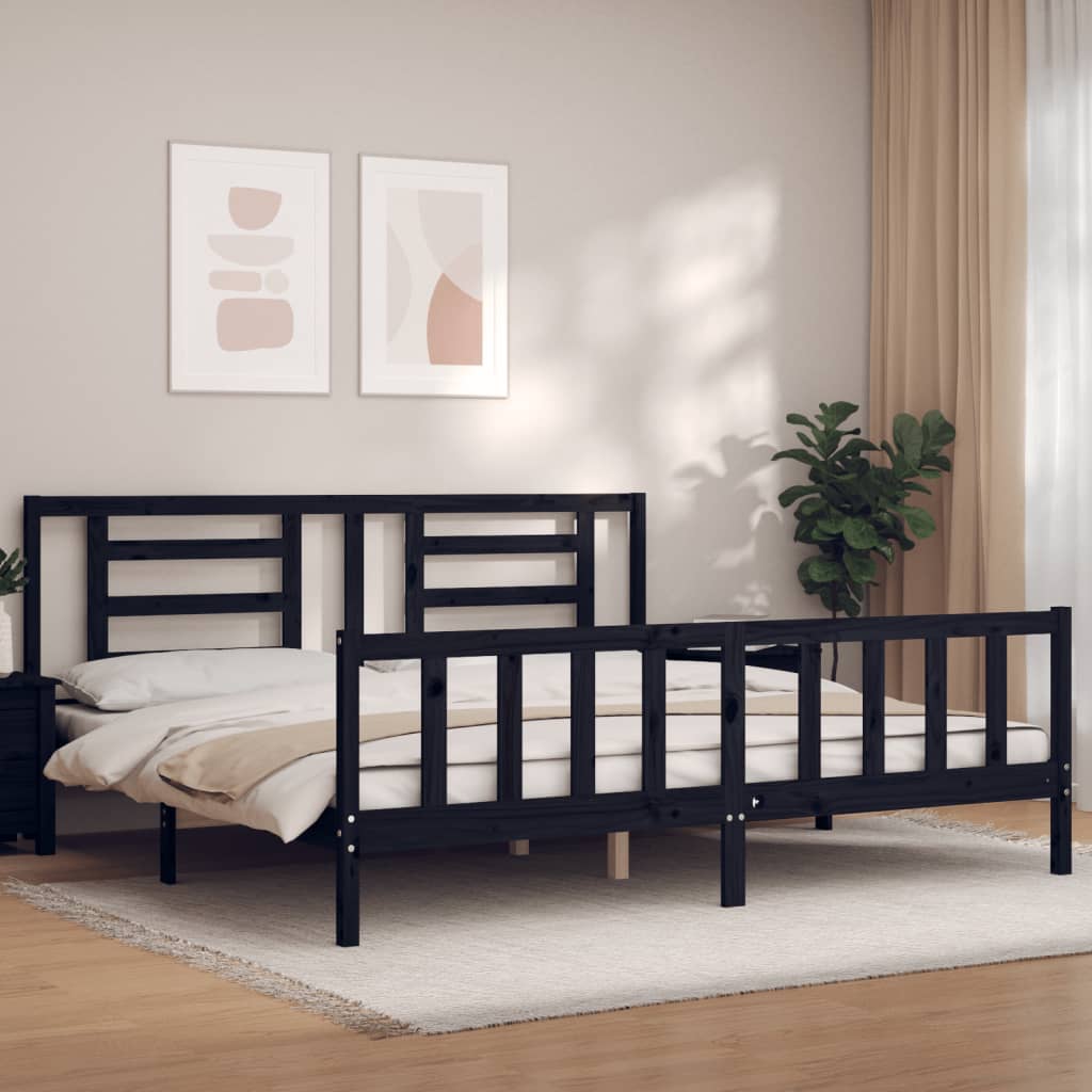 Cadru de pat cu tăblie Super King Size, negru, lemn masiv