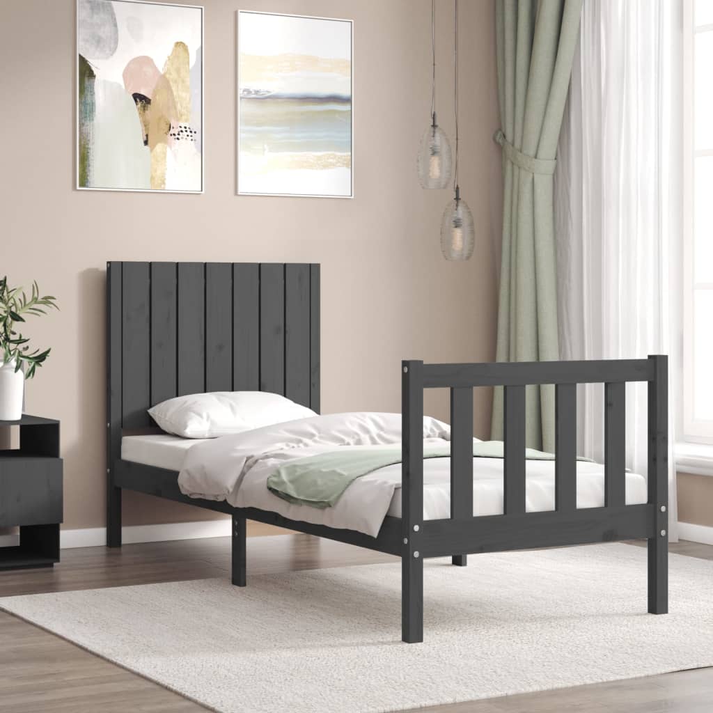 szürke tömör fa ágykeret fejtámlával Small Single