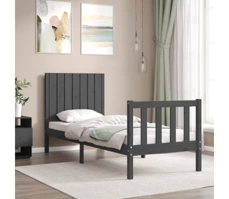 vidaXL Lovos rėmas su galvūgaliu, pilkas, mediena, mažas vienvietis