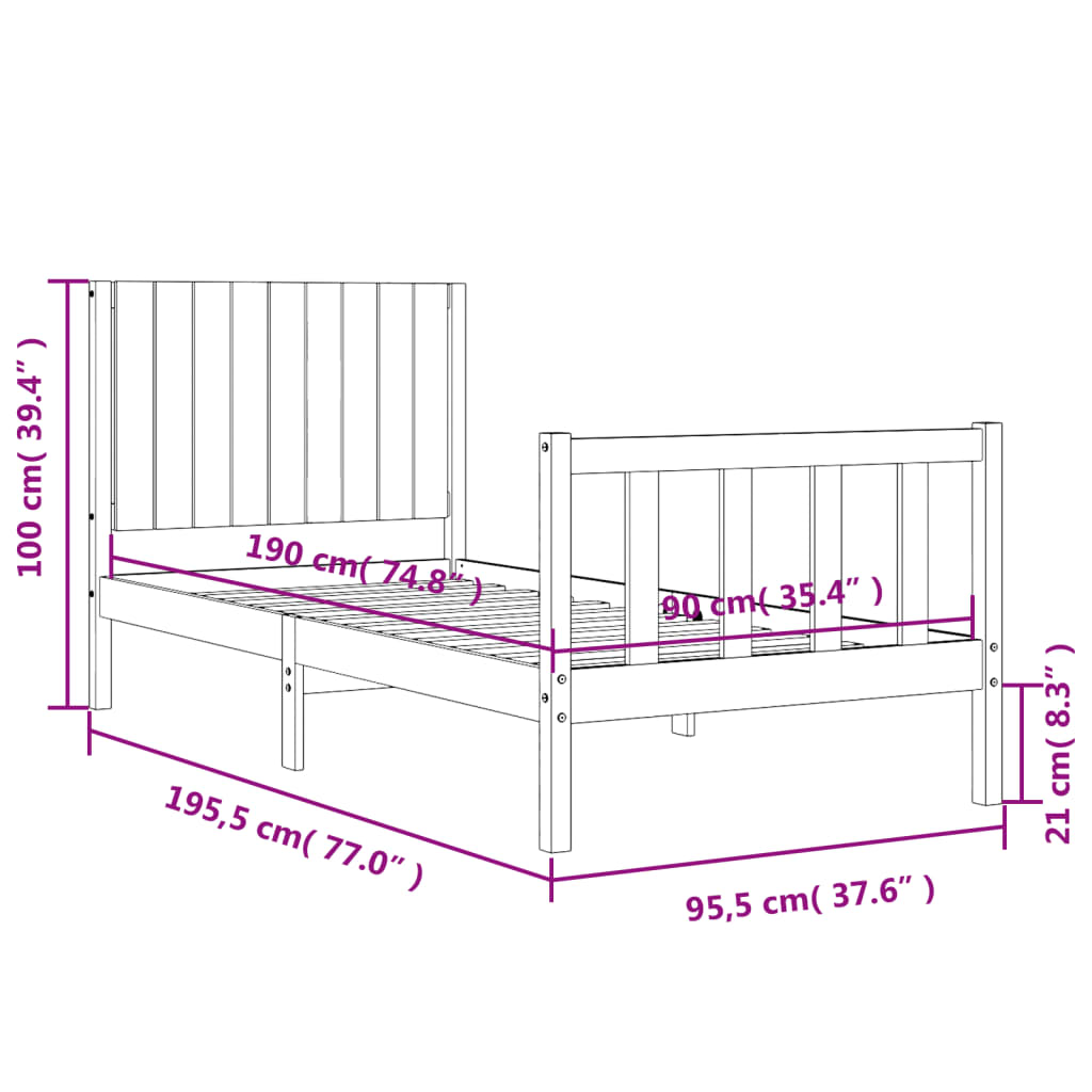 Rama łóżka z wezgłowiem, czarna, 3FT, pojedyncza, lite drewno