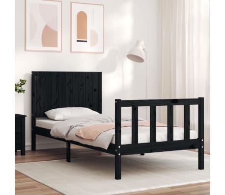 vidaXL Lovos rėmas su galvūgaliu, juodas, 90x200cm, medienos masyvas