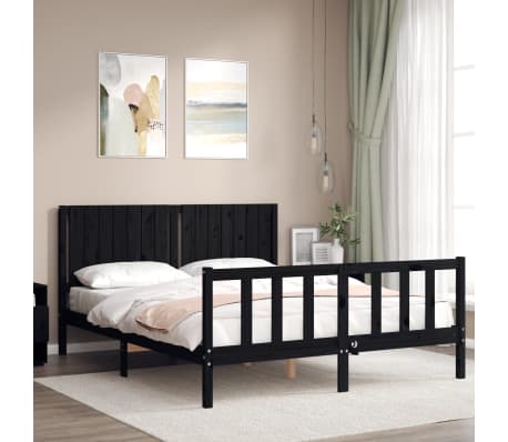 vidaXL Lovos rėmas su galvūgaliu, juodas, medienos masyvas, didelis