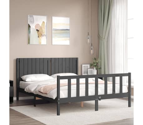 vidaXL Lovos rėmas su galvūgaliu, pilkas, 160x200cm, medienos masyvas