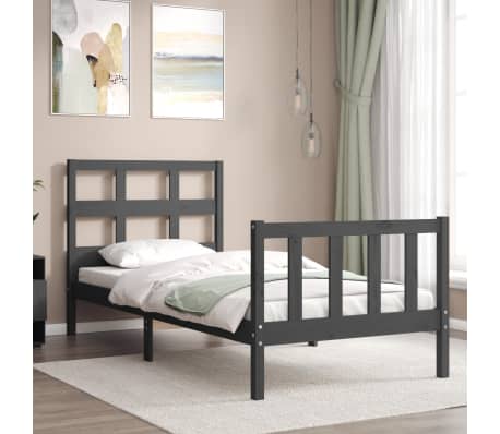 vidaXL Bed Frame with Headboard Grey Single Solid Wood