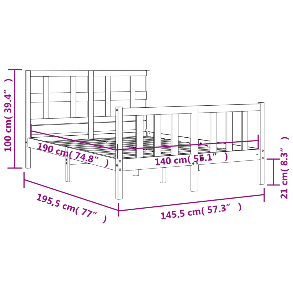 Rám postele s čelem bílý 140 x 190 cm masivní dřevo