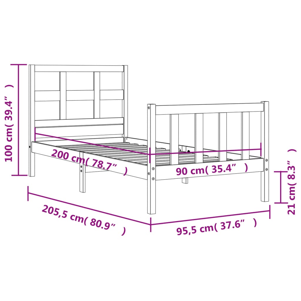 Rám postele s čelem 90 x 200 cm masivní dřevo