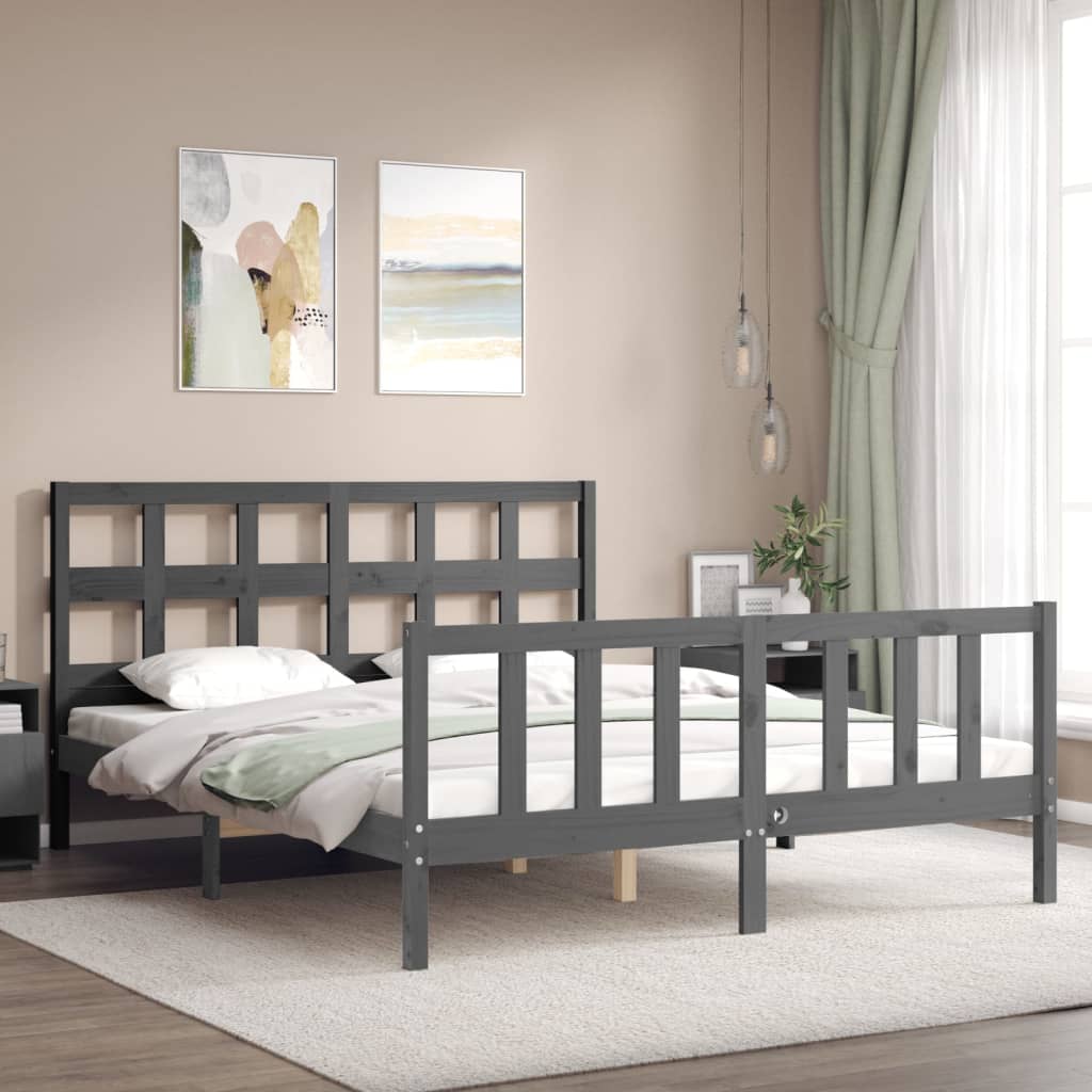 vidaXL Bedframe met hoofdbord massief hout grijs afbeelding