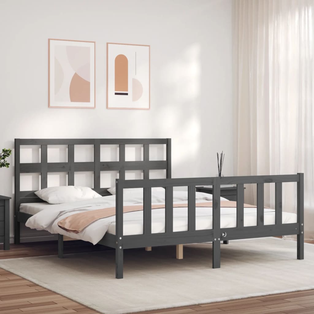 Cadru de pat cu tăblie, gri, king size, lemn masiv