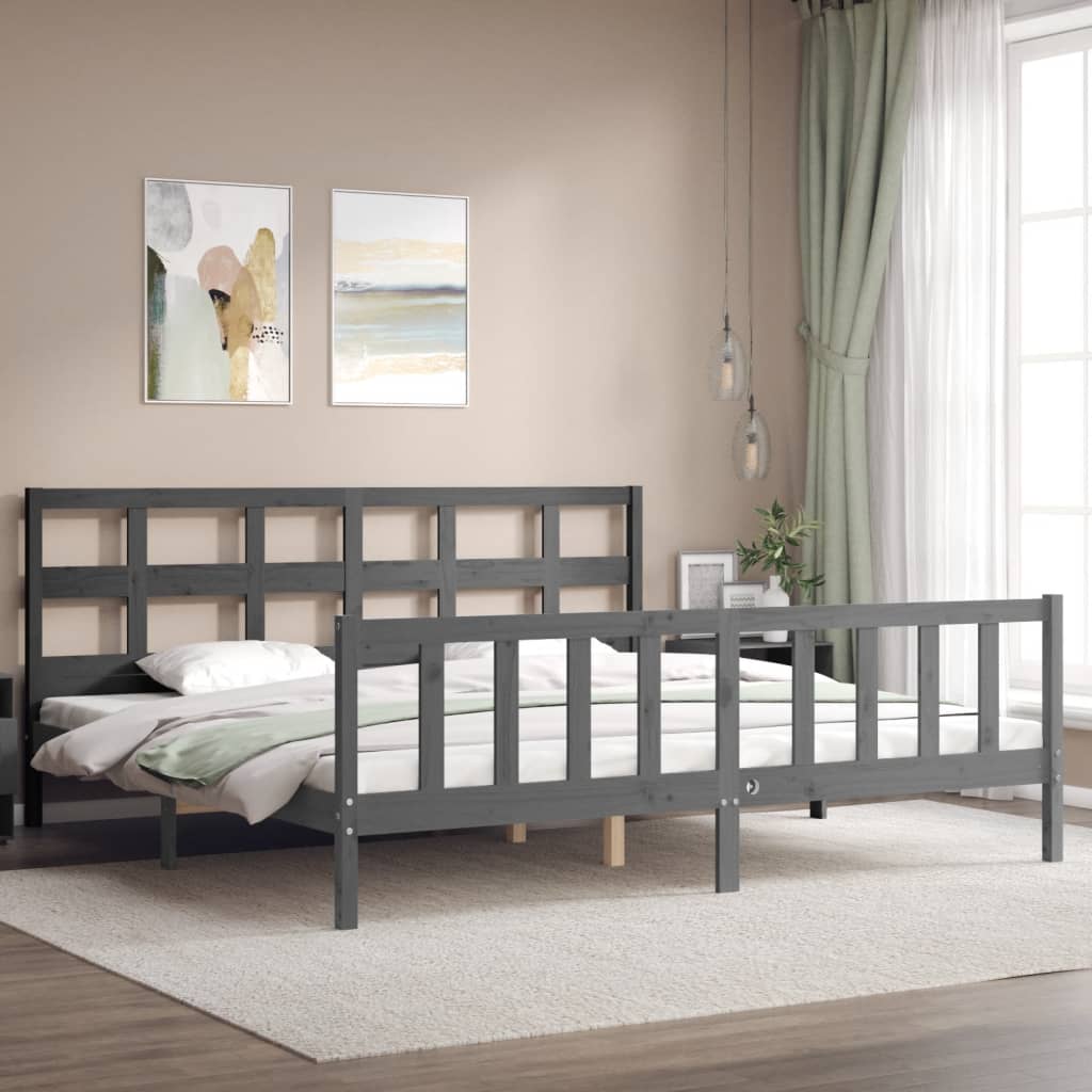 Cadru de pat cu tăblie Super King Size, gri, lemn masiv