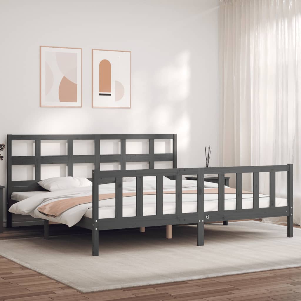Cadru de pat cu tăblie Super King Size, gri, lemn masiv