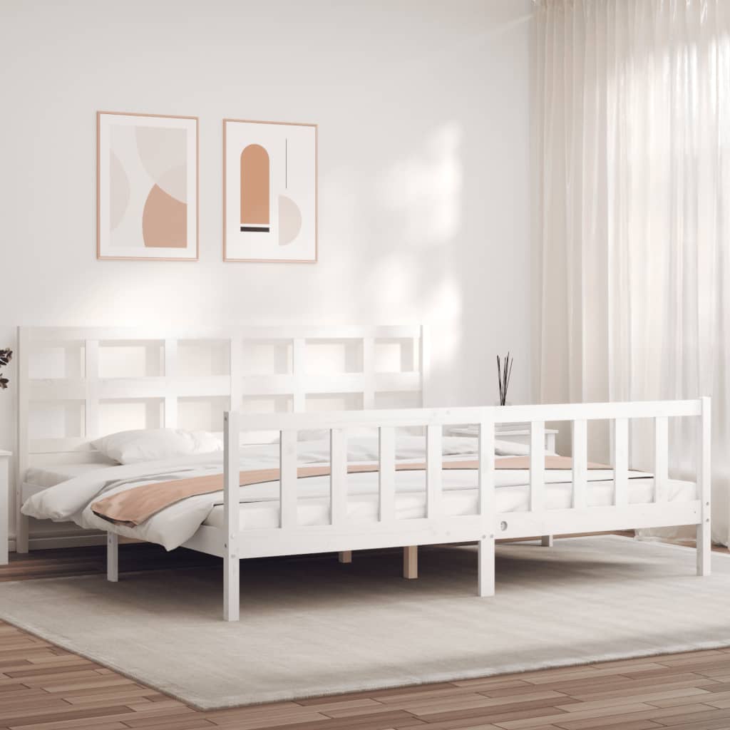 Cadru pat cu tăblie 200x200 cm, alb, lemn masiv