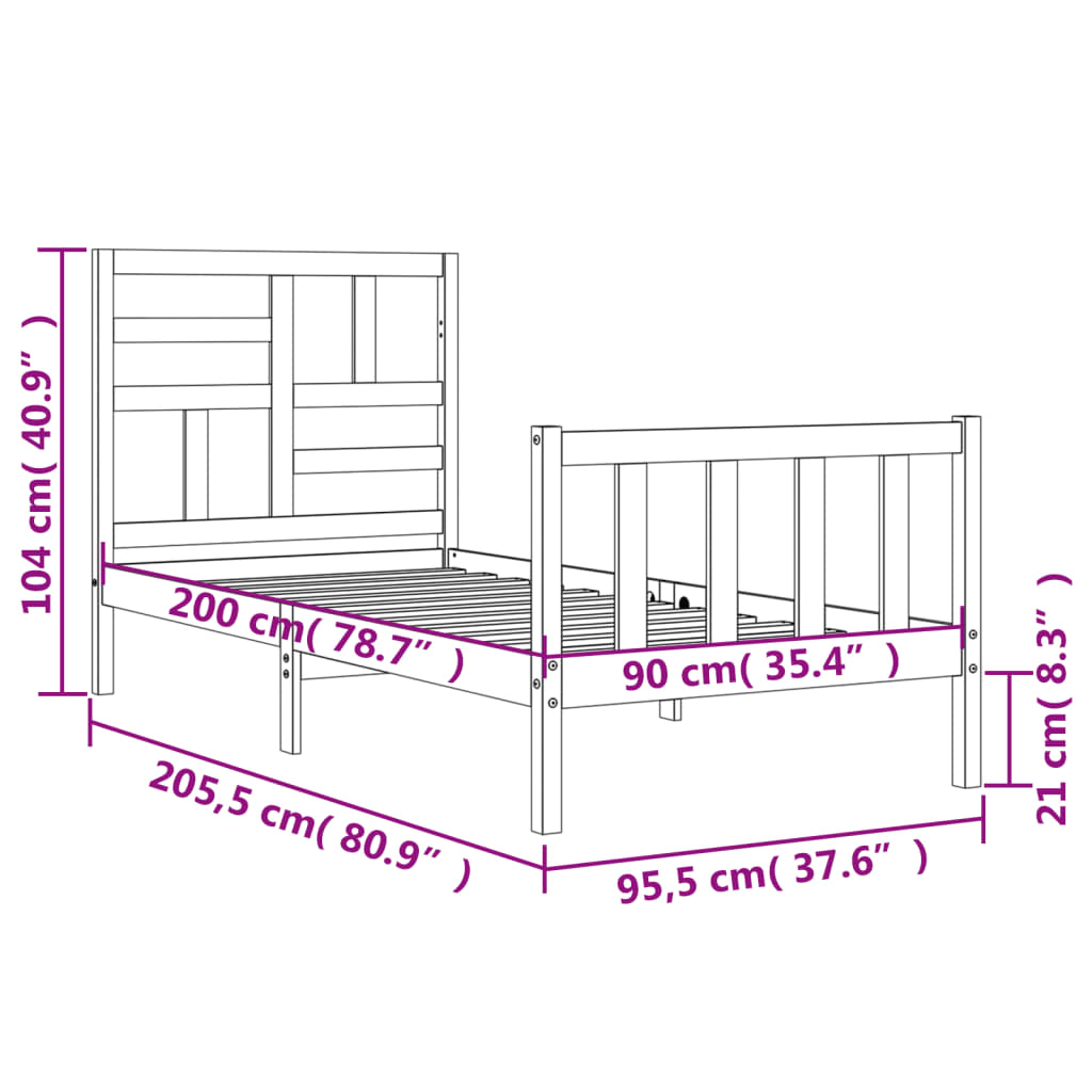 Posteljni okvir z vzglavjem bel 90x200 cm trden les