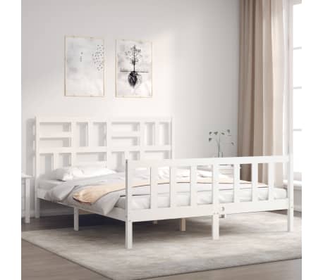 vidaXL Estrutura de cama King Size com cabeceira madeira maci&ccedil;a branco