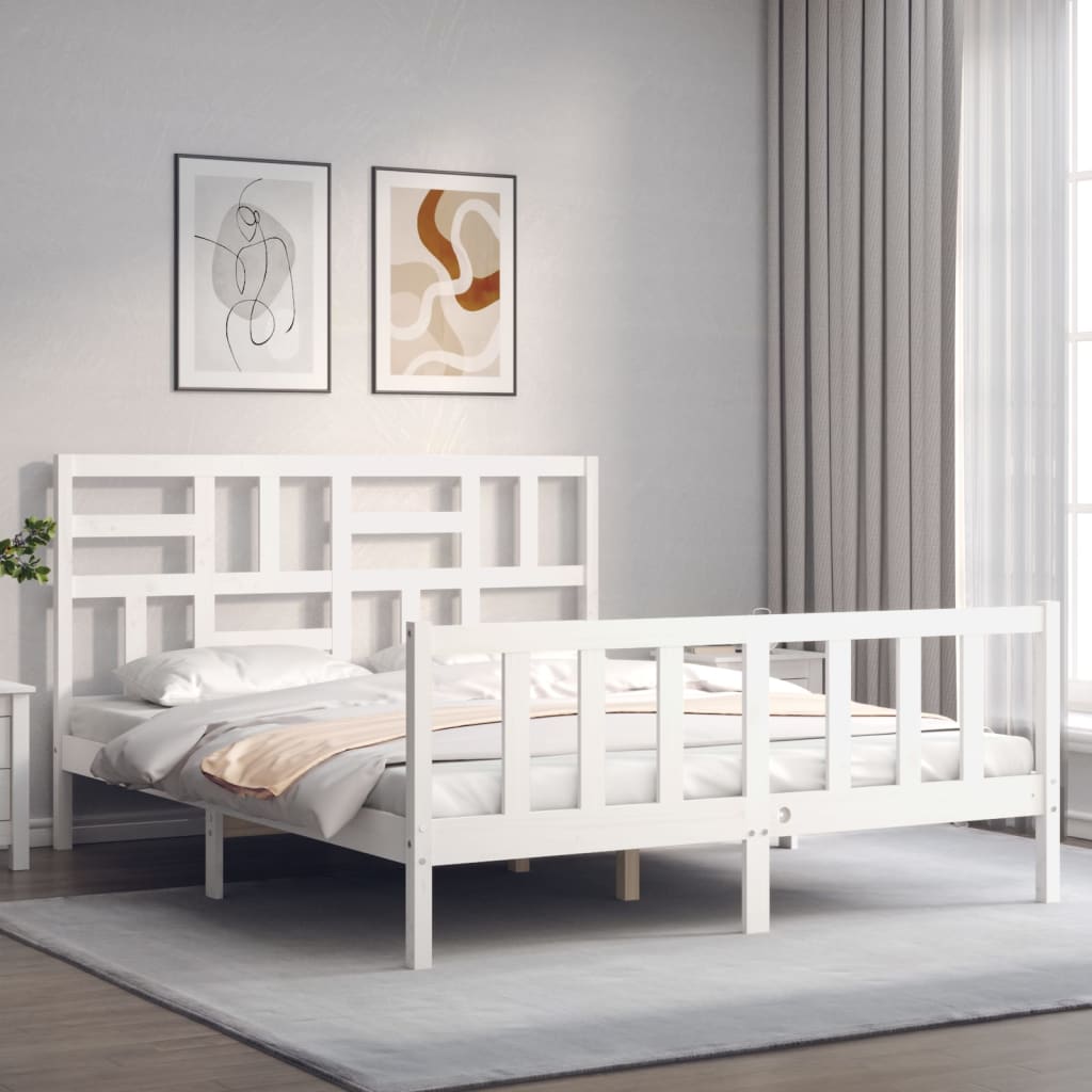  Cadre de lit avec tête de lit blanc King Size bois massif
