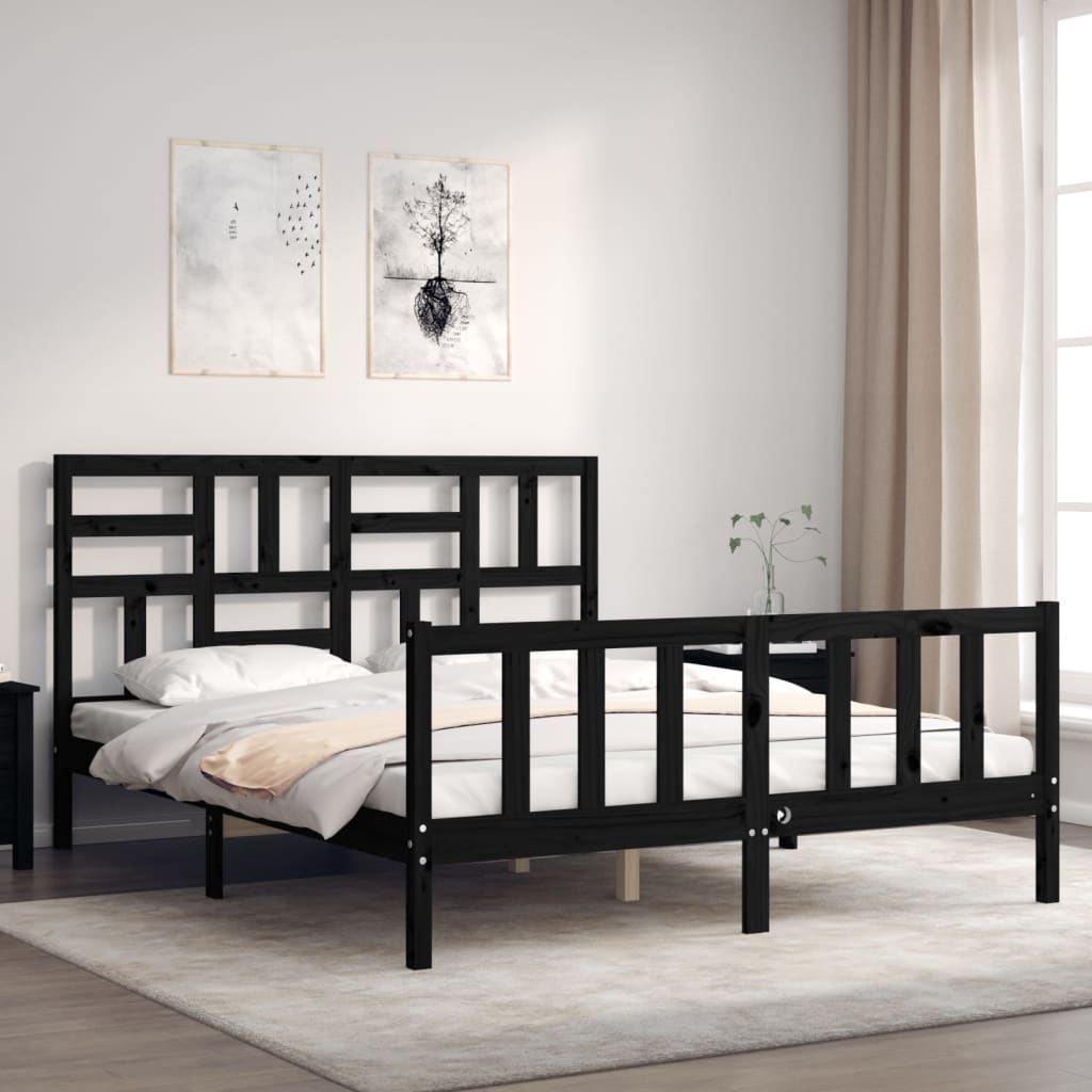 Cadru de pat cu tăblie, negru, king size, lemn masiv