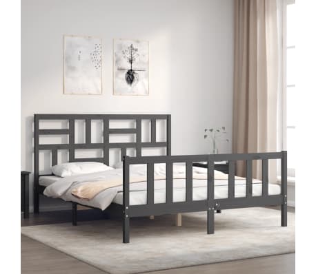 vidaXL Lovos rėmas su galvūgaliu, pilkas, 160x200cm, medienos masyvas