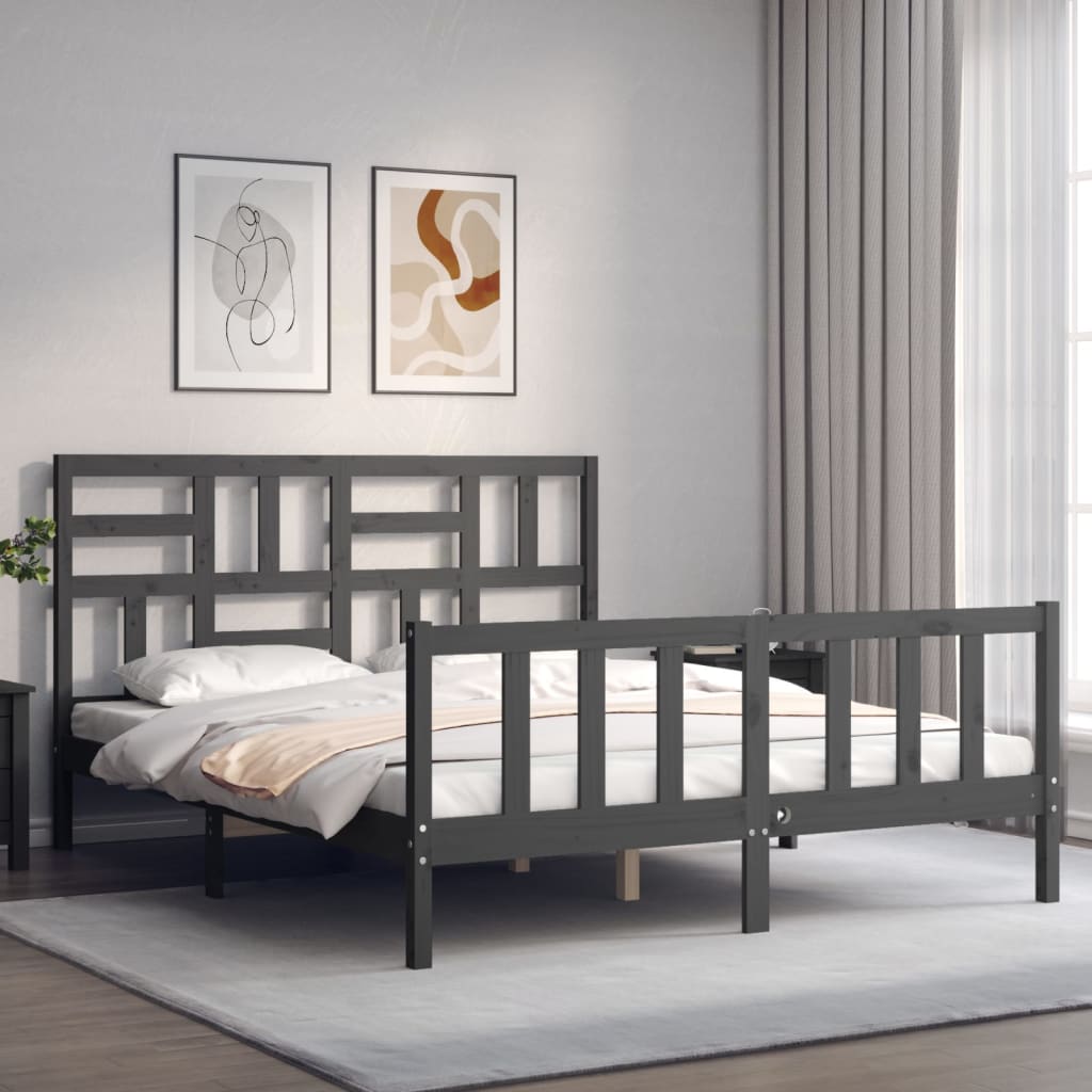 Rám postele s čelem šedý 160 x 200 cm masivní dřevo