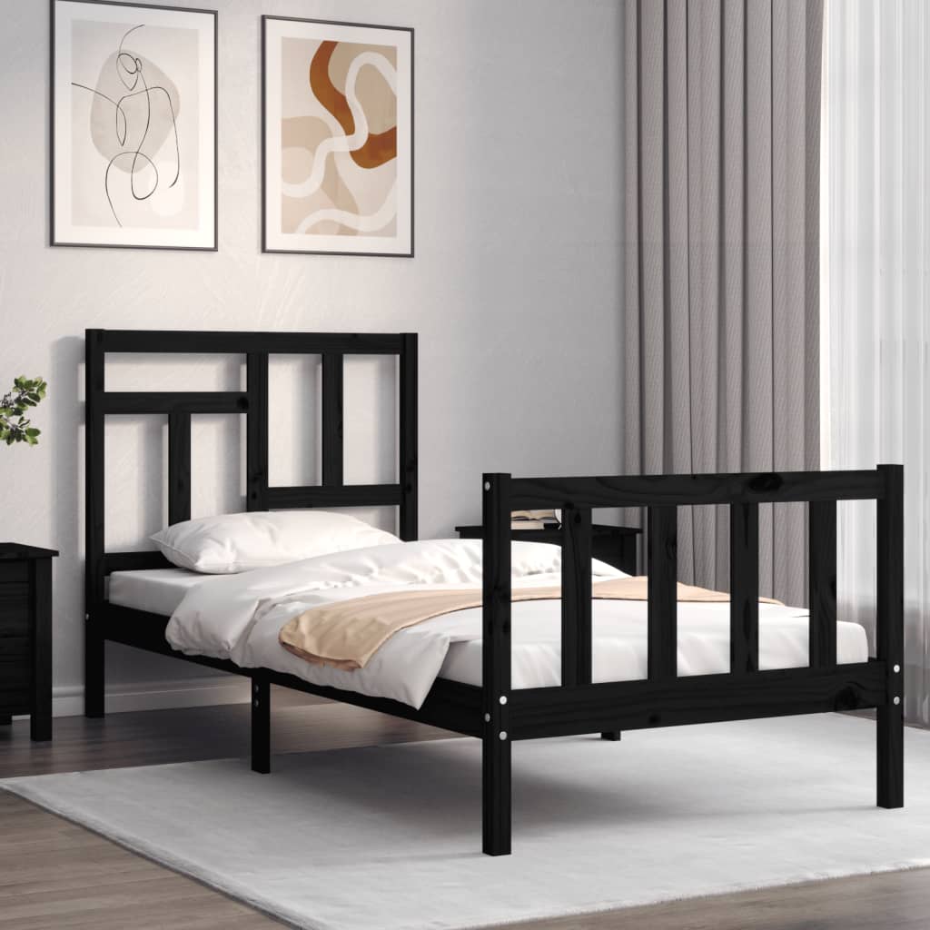 Cadru de pat cu tăblie single, negru, lemn masiv